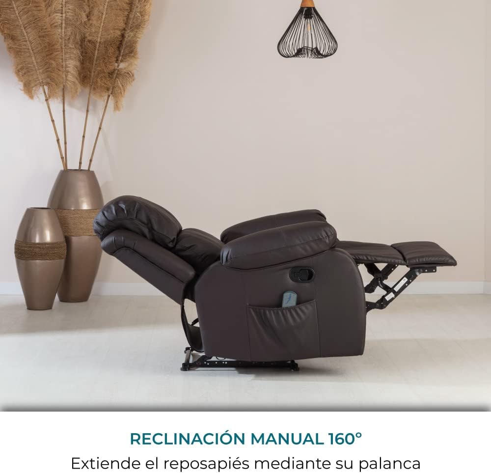 Don Descanso - Sillón Masaje Relax Calor Trevi Negro Reclinable 160º con 8 Motores Silenciosos, Calor Lumbar, Sist. Masaje 4 Zonas y Acabado en PU Anti-Cuarteo [Incluye Mando]. Ideal Gente Mayor