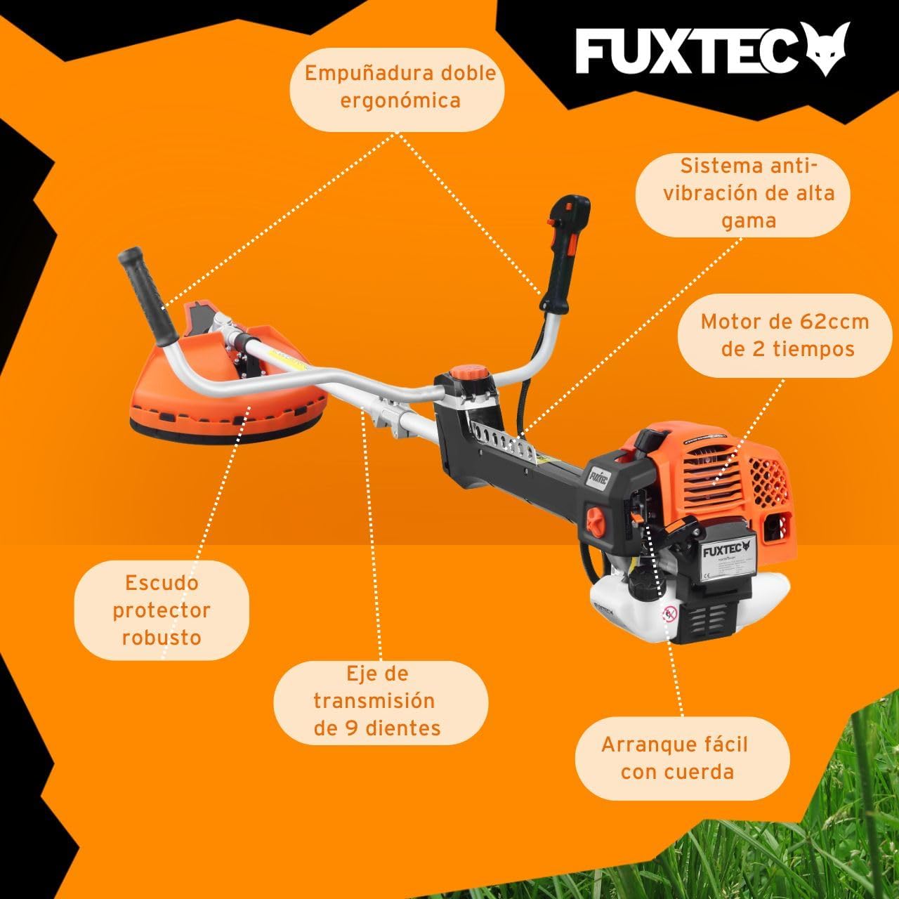 FUXTEC Desbrozadora profesional de gasolina de 62 cc, 3,5 CV, Multiherramienta 2en1, con correa para el hombro, sistema antivibratorio recortadora multifunción Motor 2 tiempos