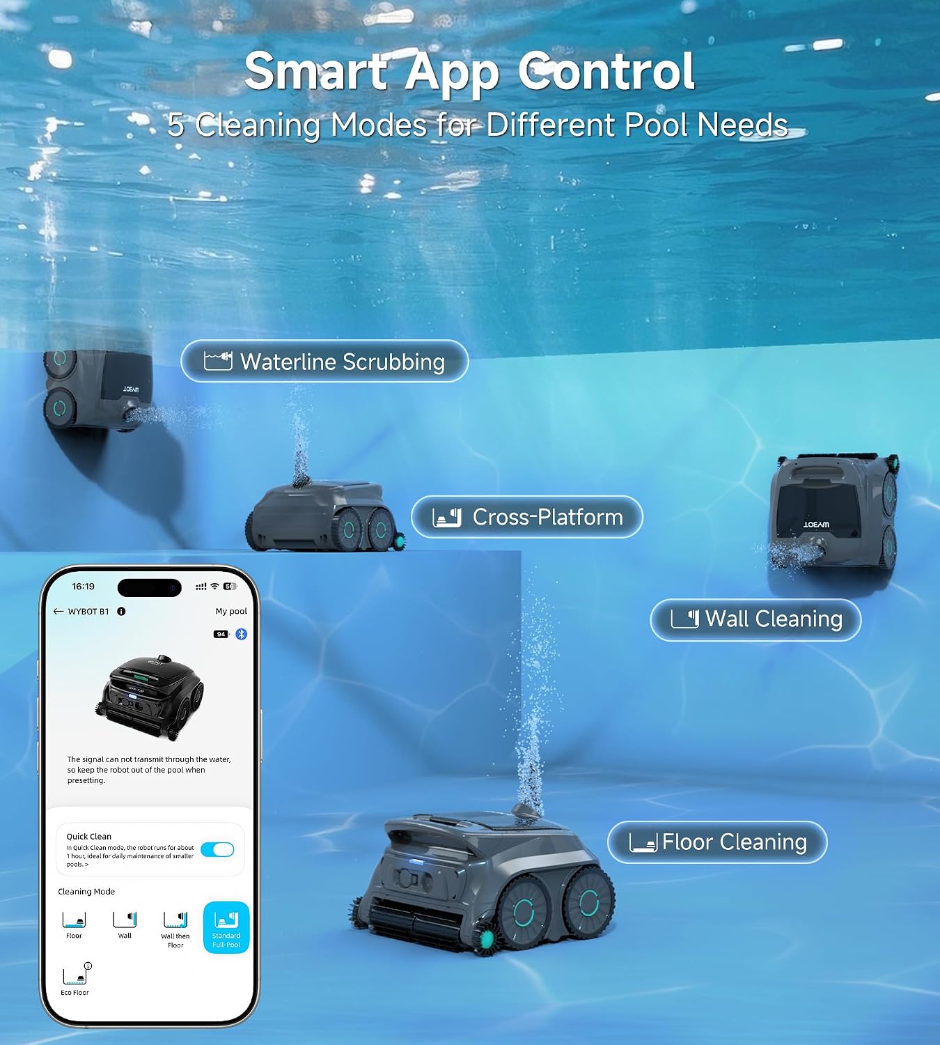 WYBOT OS600 Robot Piscina Limpiafondos, Inalámbrico, 120 Min Autonomía, Limpia Fondo Y Paredes, Navegación Inteligente, para Piscinas Enterradas Y sobre Suelo,Verde Claro Brumoso