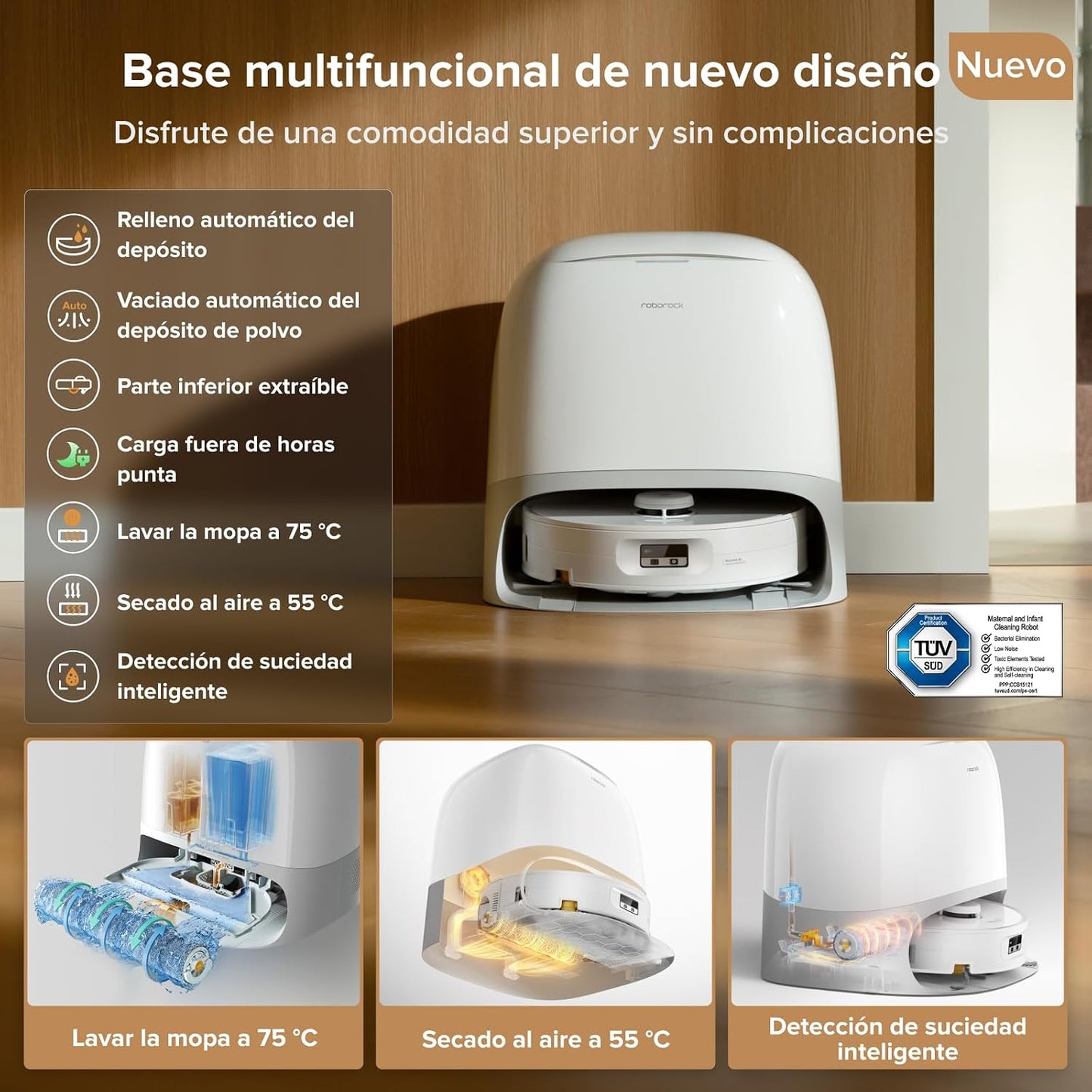 roborock Qrevo Curv 2 Flow Robot Aspirador con Rodillo Extensible de 270 mm, Refresca Mopa Siempre, Succión de 20000 Pa, Sistema Doble Antienredos, Estrategia para Alfombras Inteligente, Autovaciado