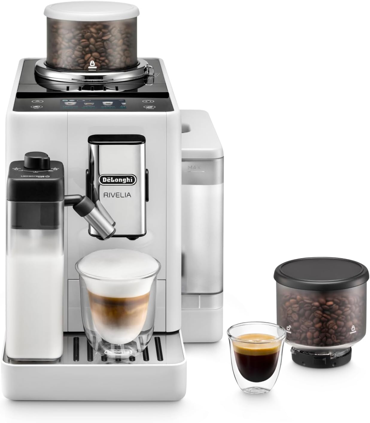 De'Longhi Rivelia EXAM440.55.G, Cafetera Superautomática con LatteCrema Hot, Espumador de Leche Automático, Tamaño Compacto, 16 Recetas, Pantalla Táctil a Color, Gris