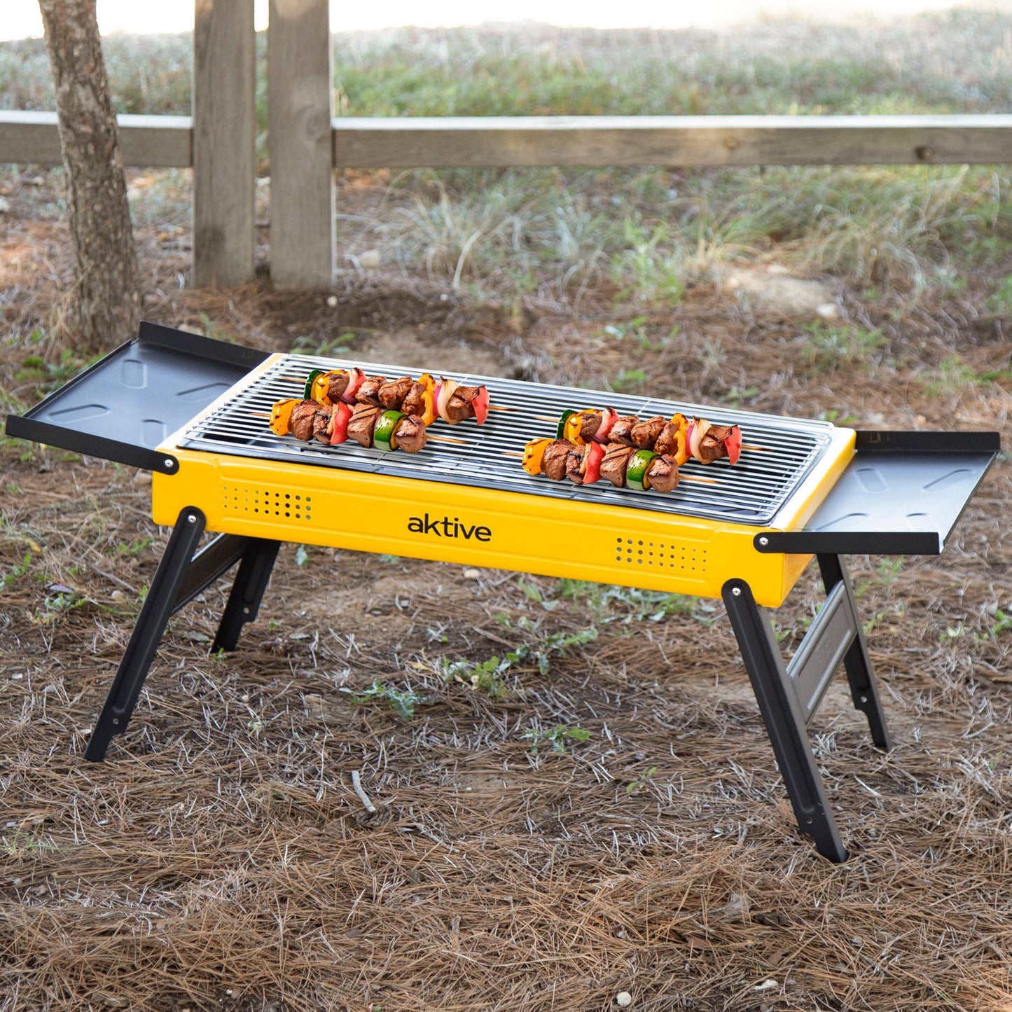 Barbacoa Carbón Plegable 89x33x33 Cm, Acero Esmaltado Con Bandejas Laterales Abatibles Y Parrilla De Acero Inoxidable - Aktive