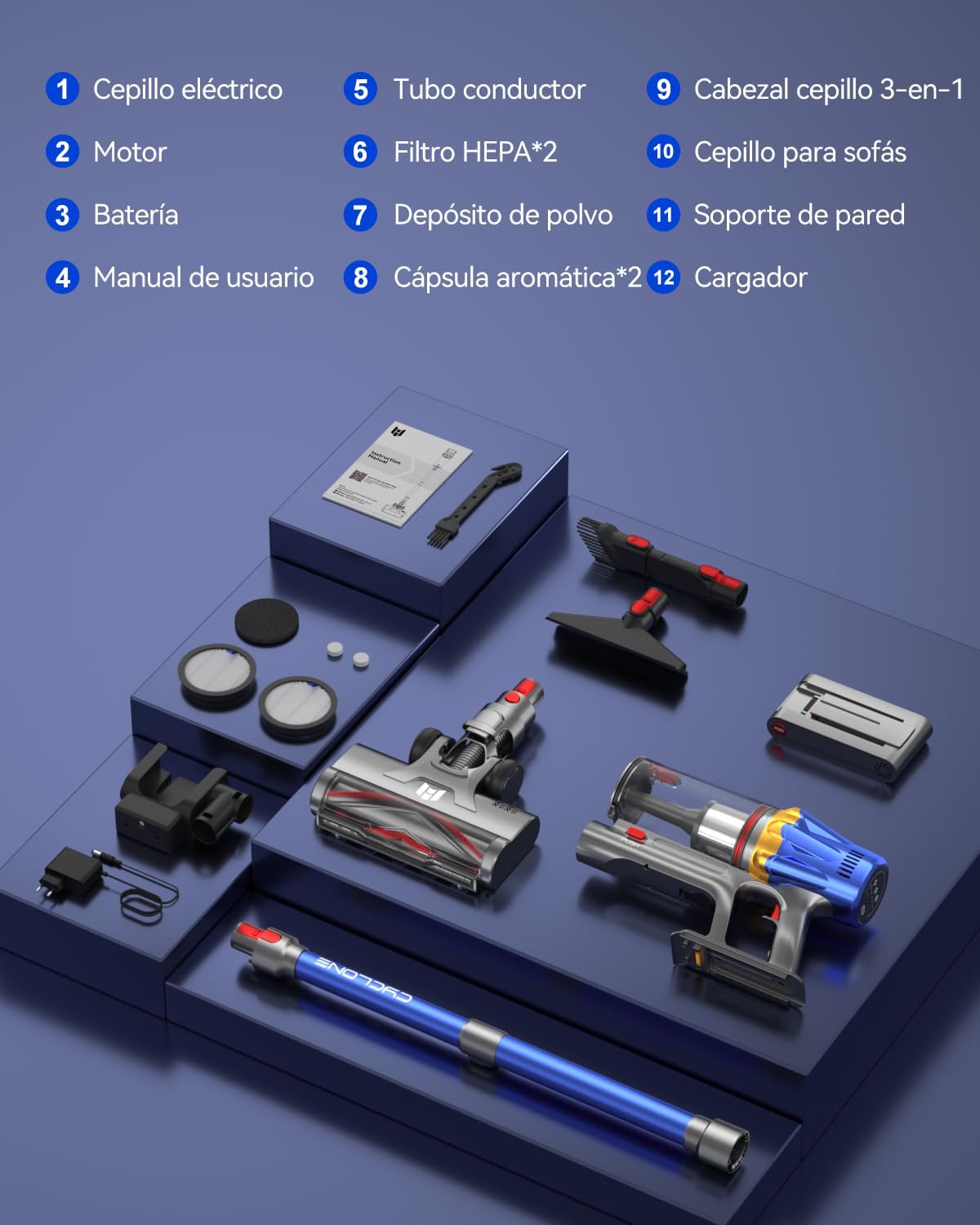 H9 Aspiradora Sin Cable, Aspiradora Potente 58Kpa/650W, 90Min Autonomía, Pantalla Táctil LED, Autoportante, Cepillo Antienredos para Suelos/Alfombras/Pelo de Mascotas, Azul