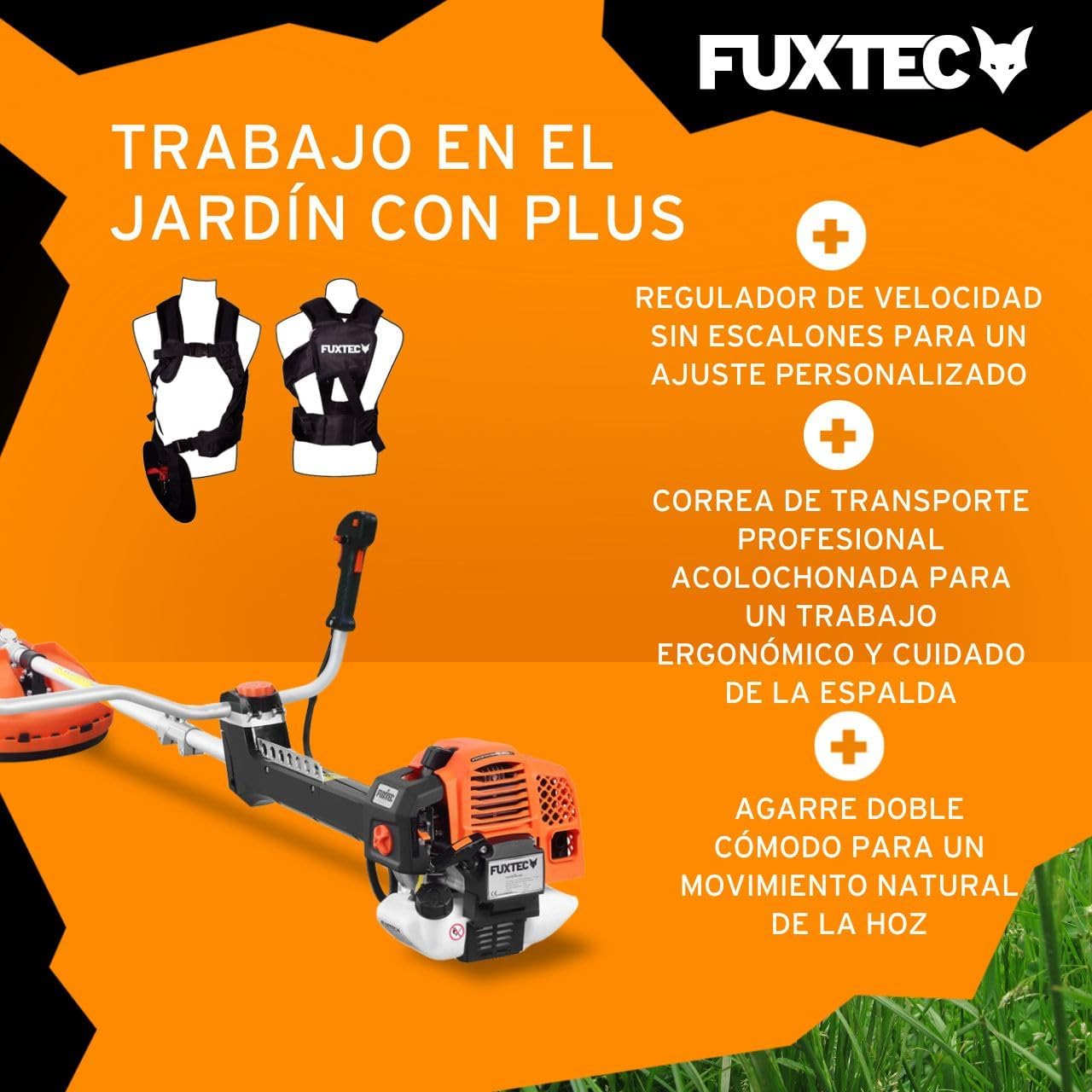 FUXTEC Desbrozadora profesional de gasolina de 62 cc, 3,5 CV, Multiherramienta 2en1, con correa para el hombro, sistema antivibratorio recortadora multifunción Motor 2 tiempos