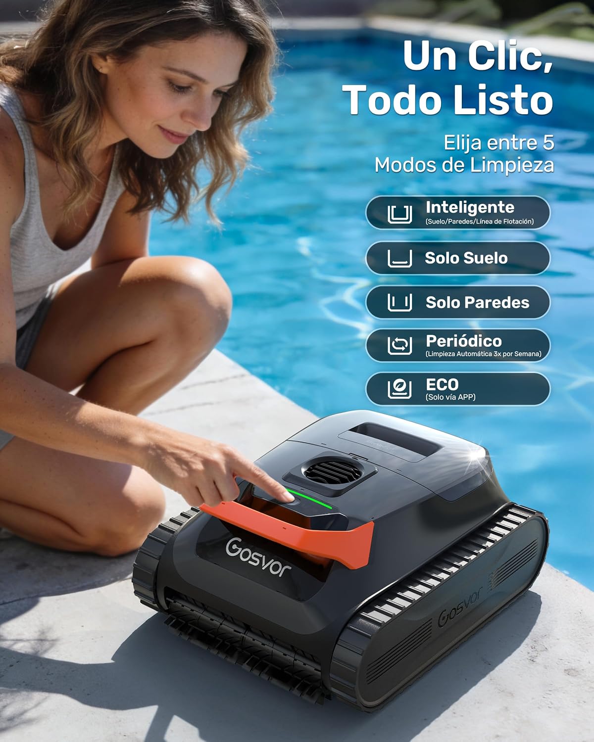 Gosvor LiteVac G1 Robot Limpiafondos Piscina,7kg,200min Autonomía,Doble Filtración,Control de la App,200m²,Gris Anaranjado