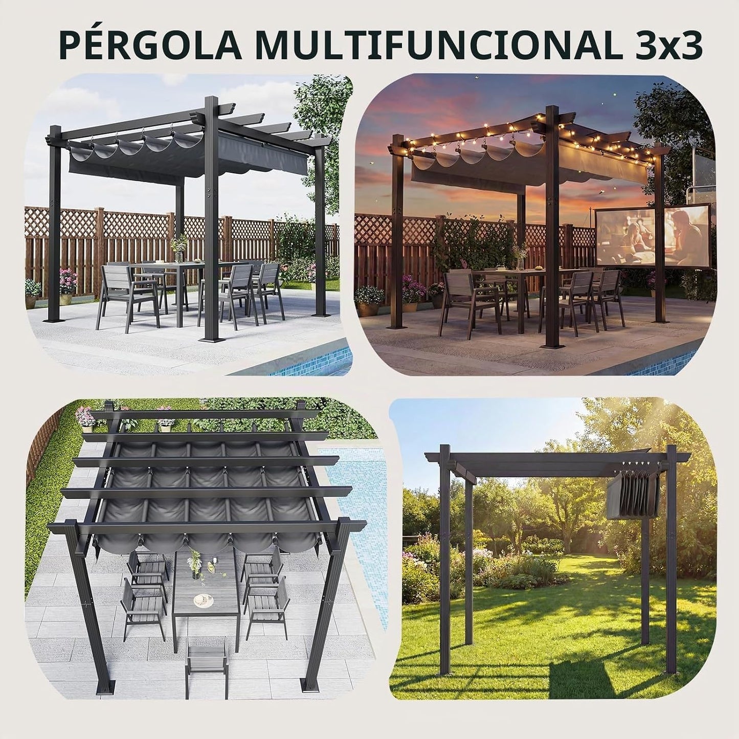 Devoko Pergola Bioclimatica 3x3m, Pergolas de Jardin, con Fijaciones Magnéticas y Zona de Sombra Ajustable, Cenador Pergolas de Aluminio, Adecuada para Escenarios como Jardines y Patios, Negro