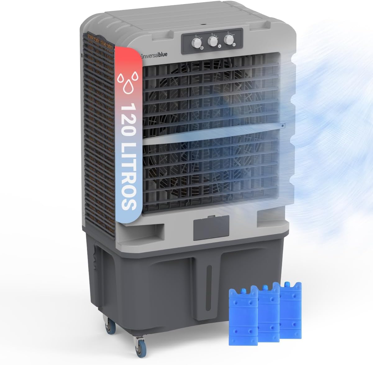 UNIVERSALBLUE Climatizador Modo Evaporativo y Frío Portatil | Aire Acondicionado Natural | x3 Packs de hielo | Capacidad 120L | 3 Velocidades | Silencioso | 10.000 m³/h | Superficies de 80 m²