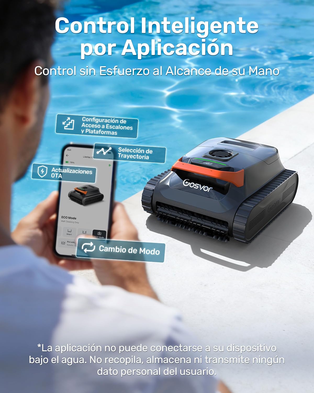 Gosvor (Nuevo 2026) LiteVac G1 Robot Limpiafondos Piscina,Paredes,Línea y Plataformas,7kg,200min Autonomía,Doble Filtración,Navegación Inteligente y App,200m²,Gris Anaranjado