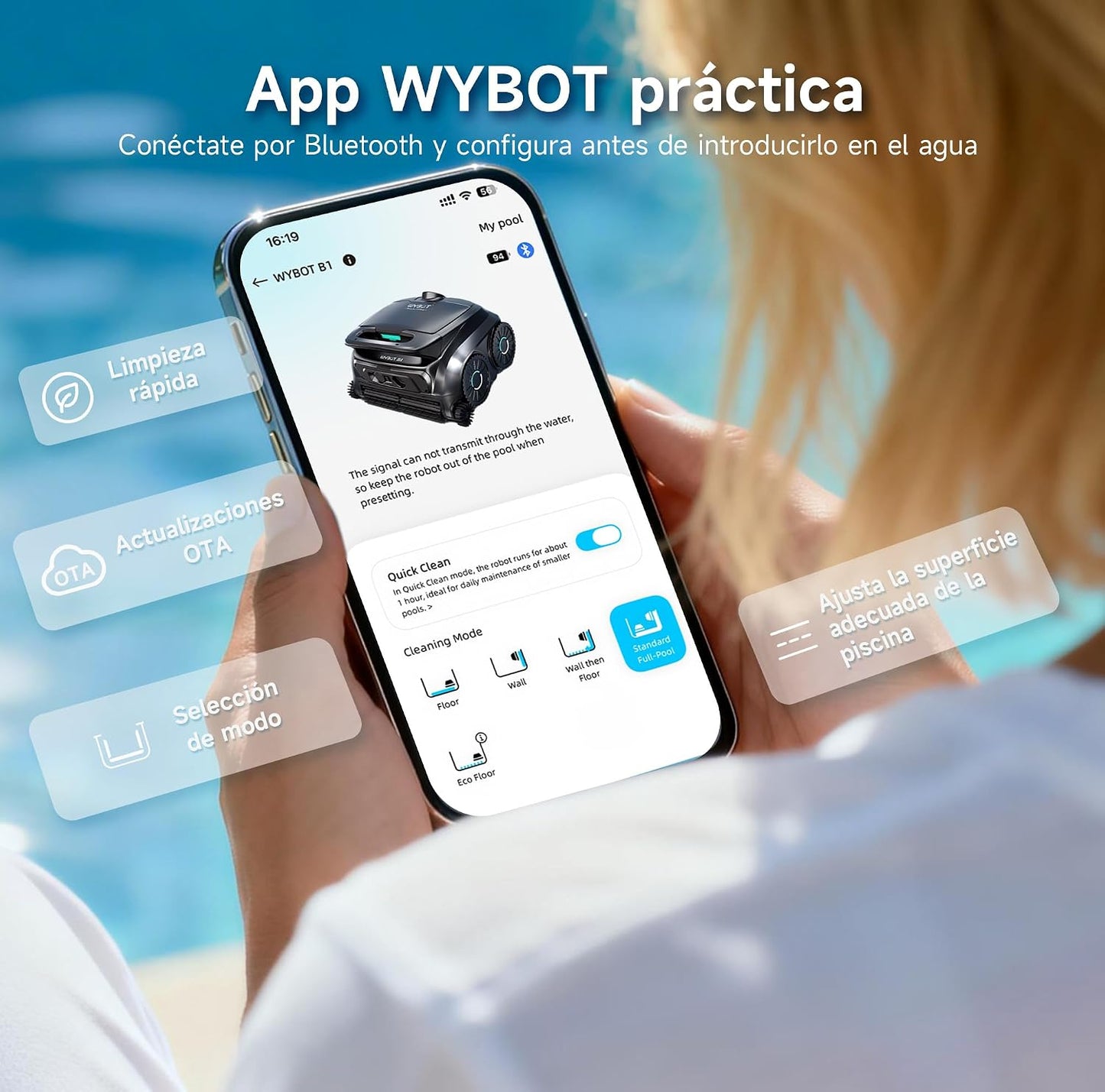 WYBOT B1 Robot de Piscina inalámbrico para Piscinas pequeñas, Robot de Limpieza Inteligente Ligero con Control de aplicación, Cubierta de Pared y Suelo, Dos cepillos Laterales, Negro y Verde