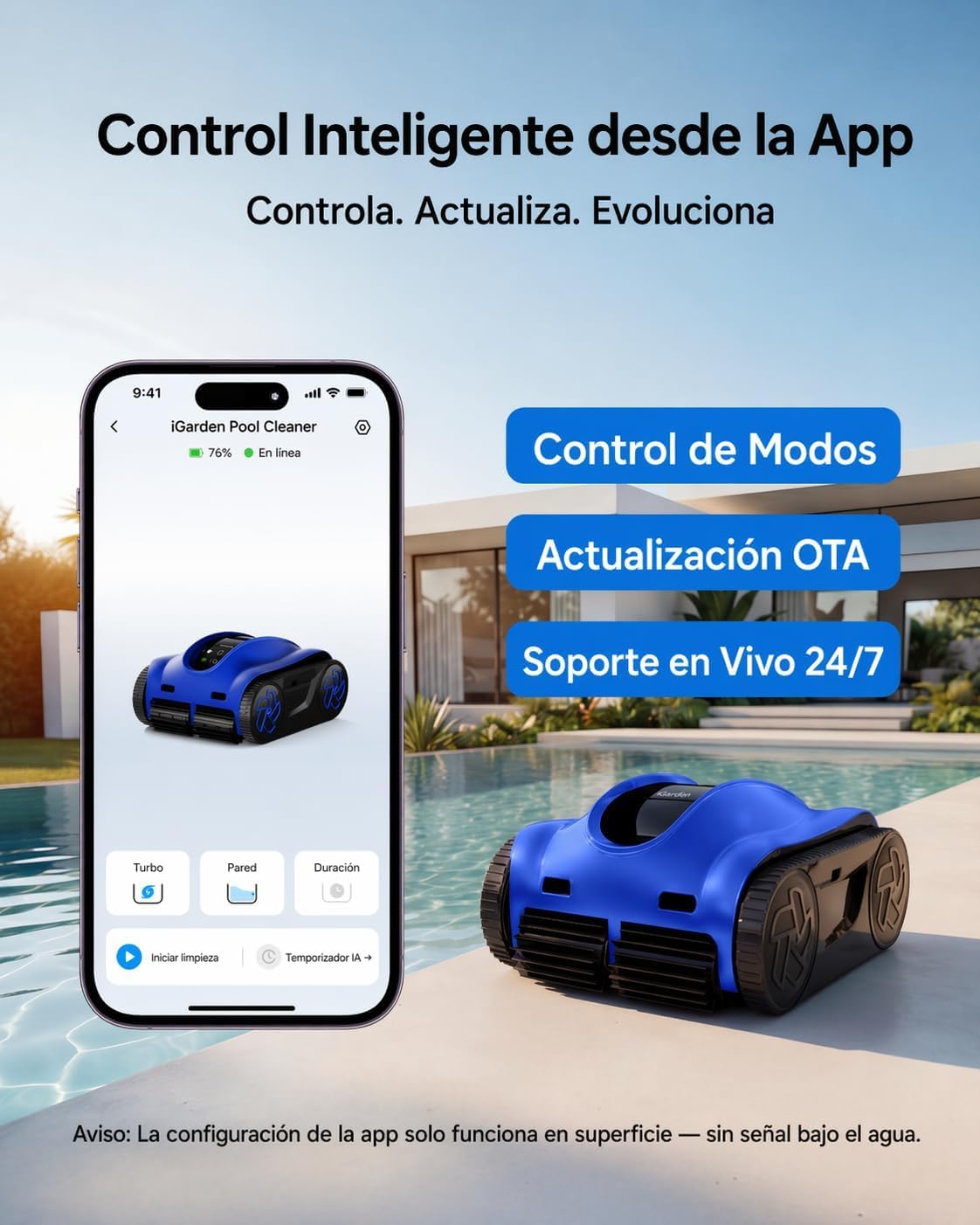 iGarden K Robot Piscina Limpiafondos y Paredes, Doble Filtración, 4H de autonomia, Control App, 5 Modos, Pantalla táctil, Temporizador IA, Navegación Inteligente y función Auto Parking