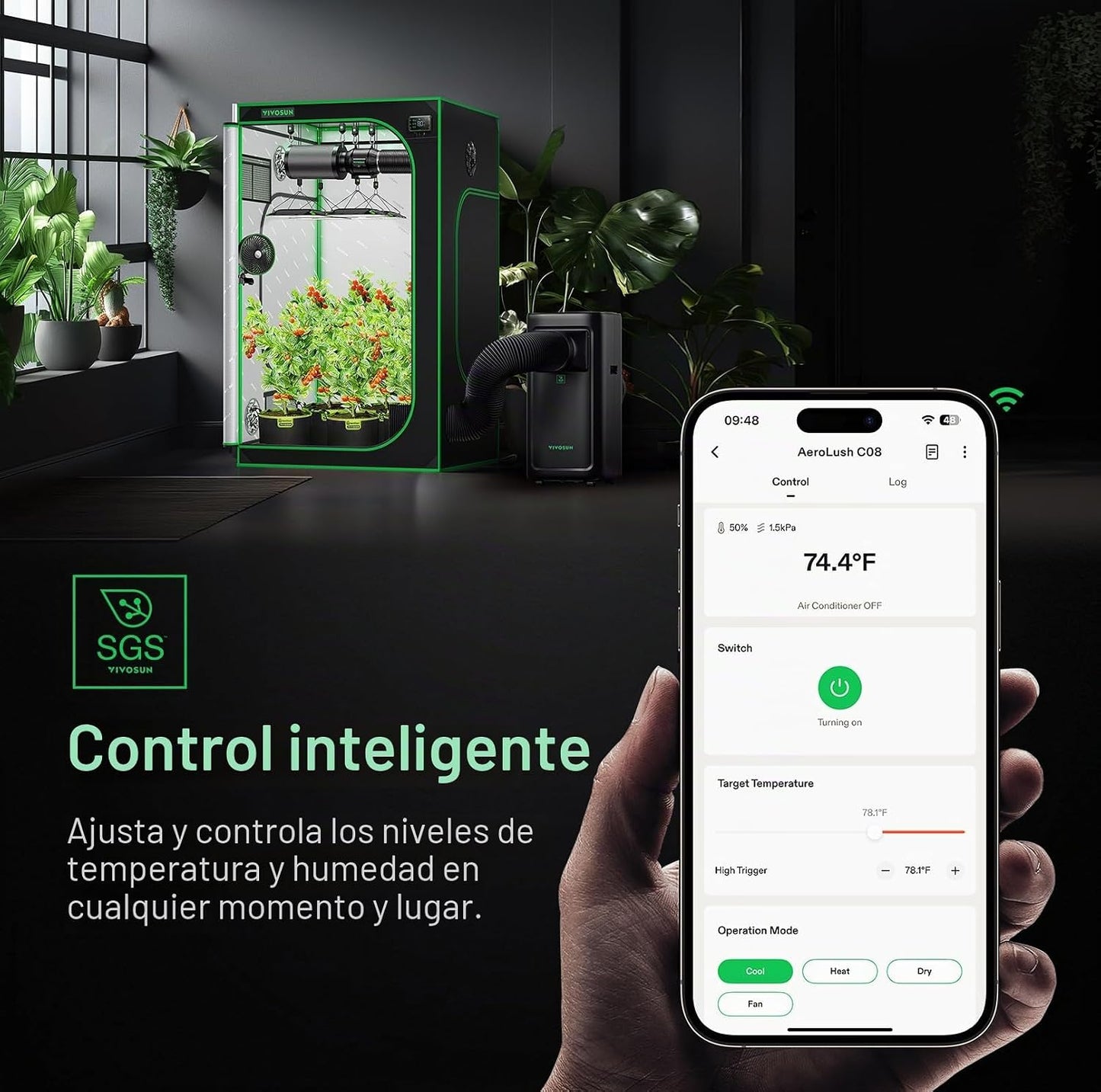 VIVOSUN AeroLush C08 Aire Acondicionado Inteligente, 7000 BTU, Función 4 en 1 con Sensor de Temperatura y Humedad, Control Remoto Inteligente, Ideal para Tiendas de Cultivo y Espacios Interiores