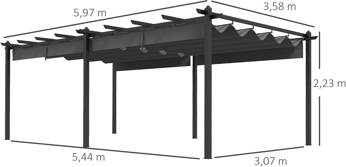 Outsunny Pergola Jardín Exterior Pergola Aluminio 3,6 x 6 m Corrediza para Terraza Estructura de Aluminio + Lona Poliéster - Gris Oscuro