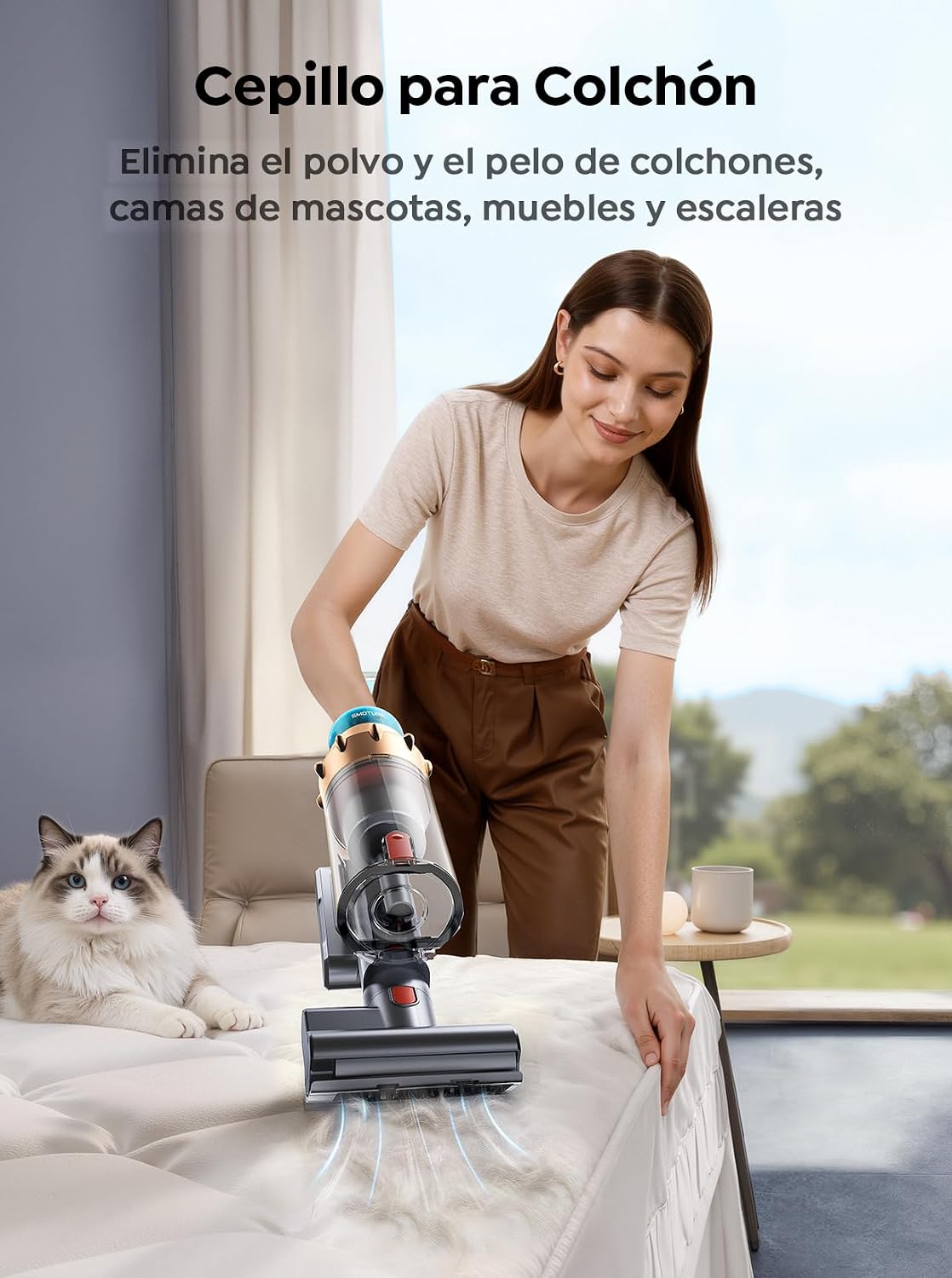 Aspiradora sin Cable 50KPa/600W/65Min(ECO), Aspiradora Escoba Vertical Potente con Cepillo para Colchón, Manguera 1M, Cepillo Anti-Enredo con Luz, Modo Automático, Carga Pared, Coche/Suelos/Alfombras