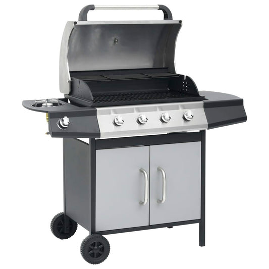 Barbacoa Grill De Gas 4+1 Quemadores Negra Y Plateada Vidaxl
