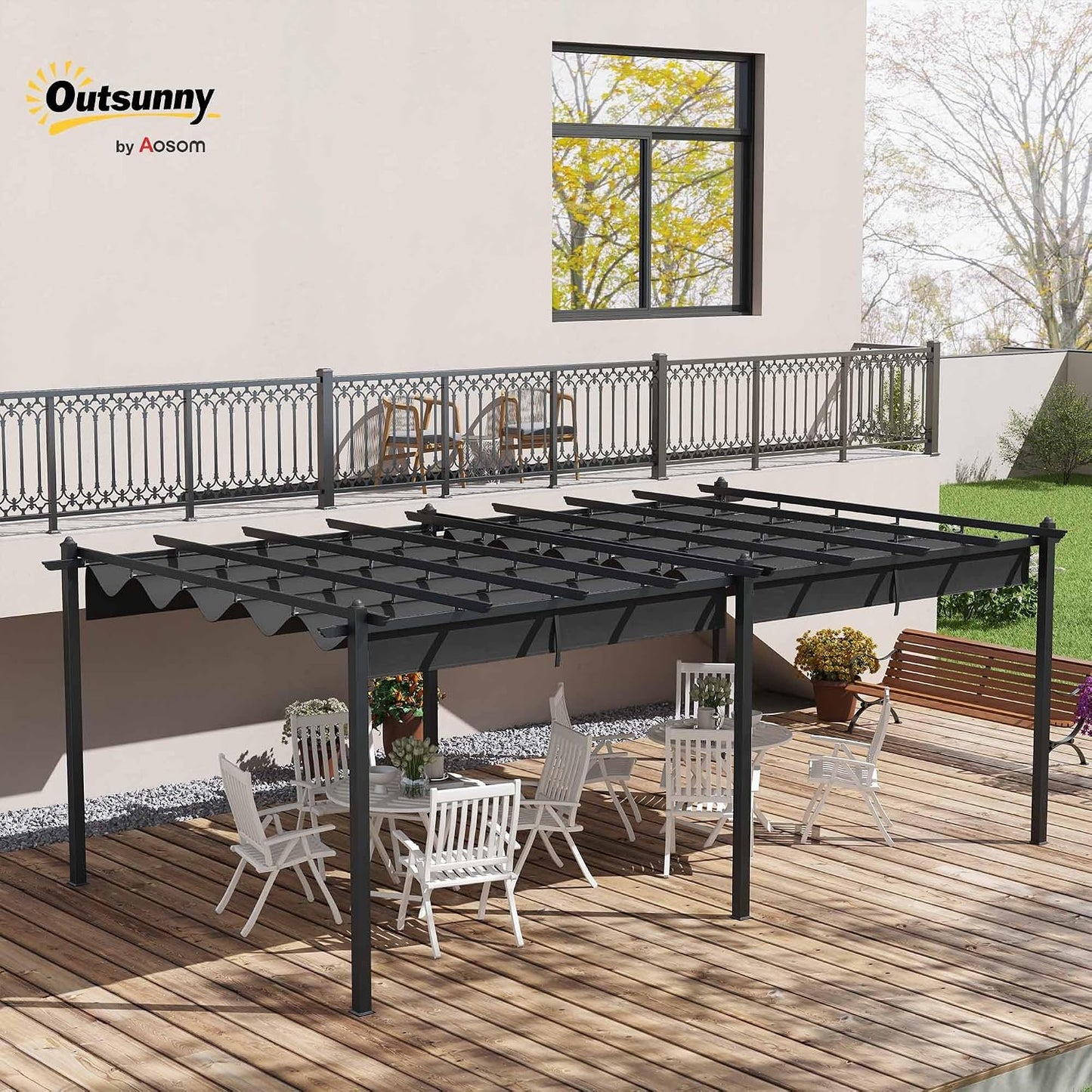 Outsunny Pergola Jardín Exterior Pergola Aluminio 3,6 x 6 m Corrediza para Terraza Estructura de Aluminio + Lona Poliéster - Gris Oscuro