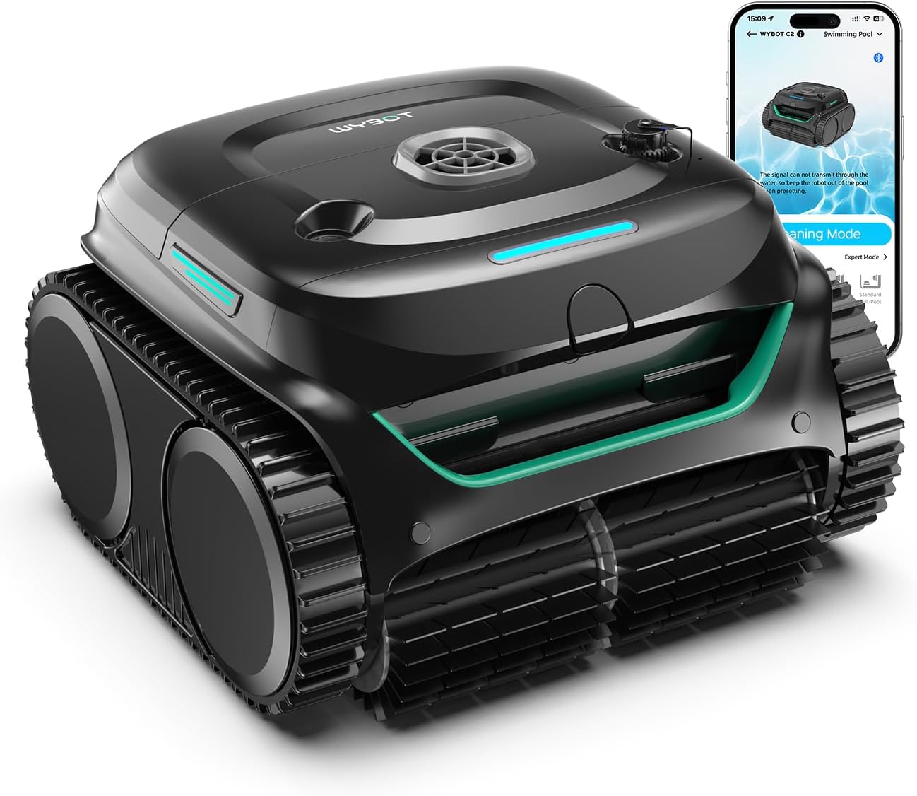 WYBOT C2 – Robot Limpiafondos Inalámbrico, 3 Motores, Doble Filtración, Limpieza De Fondo, Paredes Y Línea De Agua, Autonomía 180 Min, para Piscinas Enterradas hasta 150㎡, con App(Verde carbón-Gris)