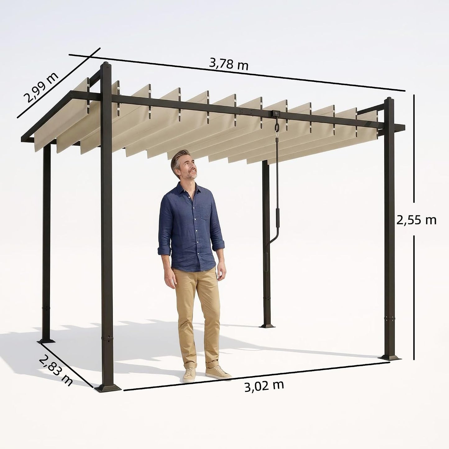 Outsunny Pérgola de Jardín 3x3,8 m, Cenador de Jardín con Techo de Lamas Ajustable a 90°, Manivela, Estructura de Aluminio y Acero, Protección UPF50+, Pabellón para Exterior, Patio, Terraza, Beige