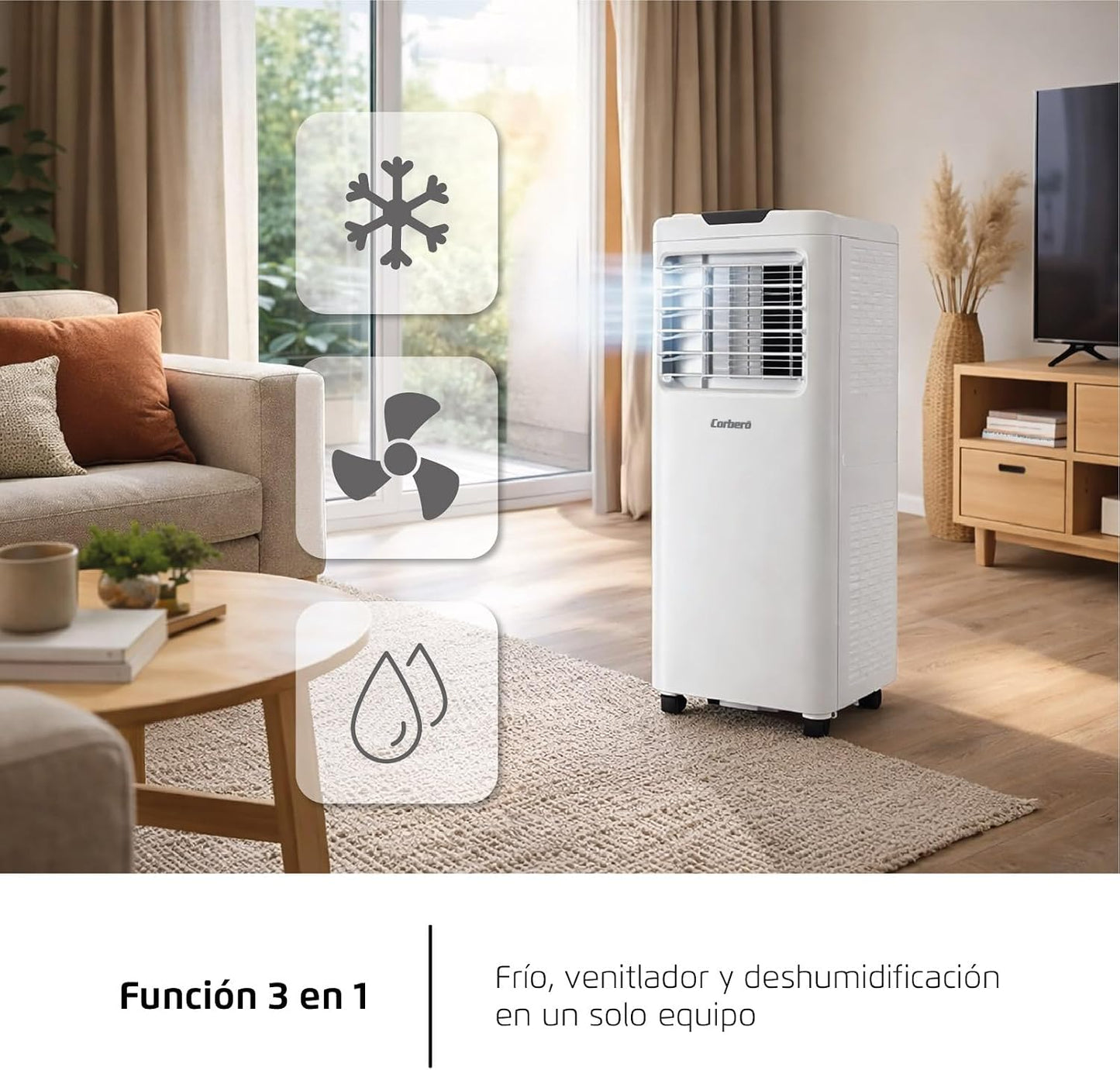 Corberó - Aire Acondicionado Portátil 3 en 1 con Mando | CPC12 | 12000BTU- 3500 Frigorías | Cobertura 22-25 m² | 16-31 ºC | Refrigeración | Ventilador | Deshumidificación |Temporizador