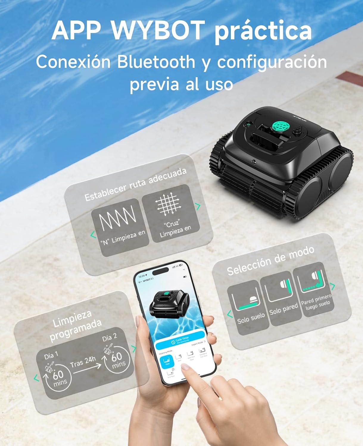 WYBOT C1 Robot Limpiafondos Piscina con Planificación Inteligente de Rutas, Limpieza Automática de Fondo, Paredes y Línea de Agua, Triple Motor Mejorado, 150 Min, hasta 150㎡(Negro)