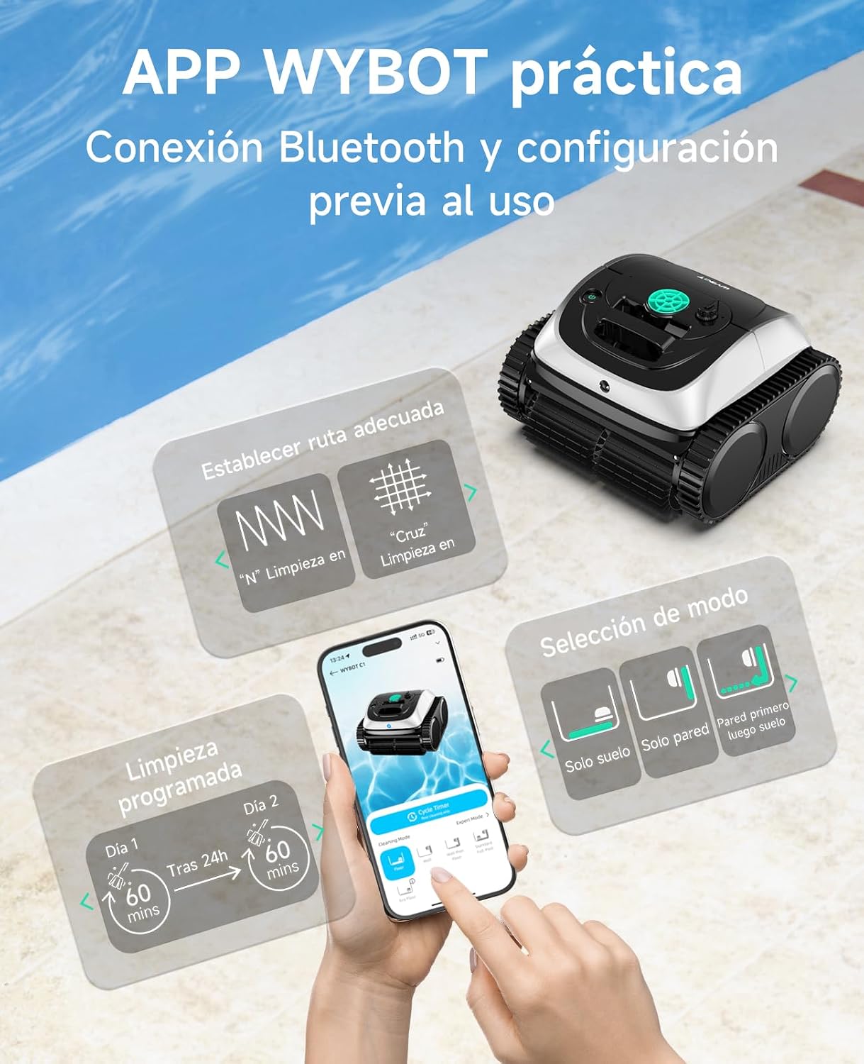 WYBOT C1 Robot Limpiafondos Piscina con Planificación Inteligente de Rutas, Limpieza Automática de Fondo, Paredes y Línea de Agua, Triple Motor Mejorado, 150 Min, hasta 150㎡(Blanco)