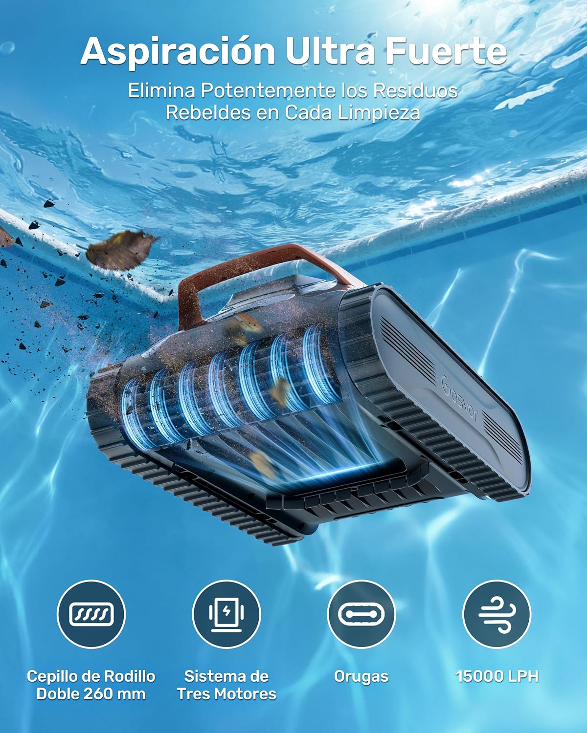 Gosvor LiteVac G1 Robot Limpiafondos Piscina,7kg,200min Autonomía,Doble Filtración,Control de la App,200m²,Gris Anaranjado