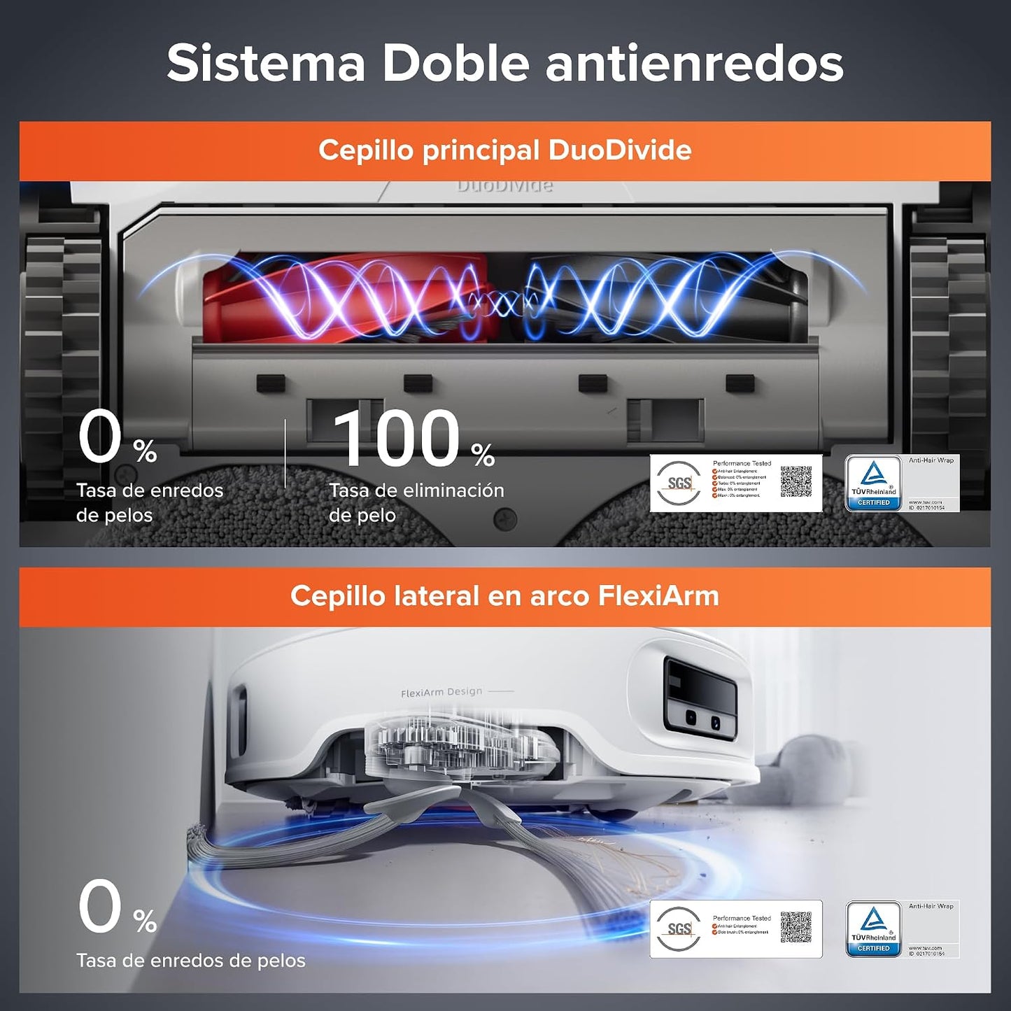 roborock Qrevo EdgeT Robot Aspirador con FlexiArm y Sistema Doble Desenredos, Succión 18500 Pa, 7,98 cm Ultrafino, Base Multifuncional 3.0 con Agua Caliente para Lavar Mopa, Controlado por App y Voz