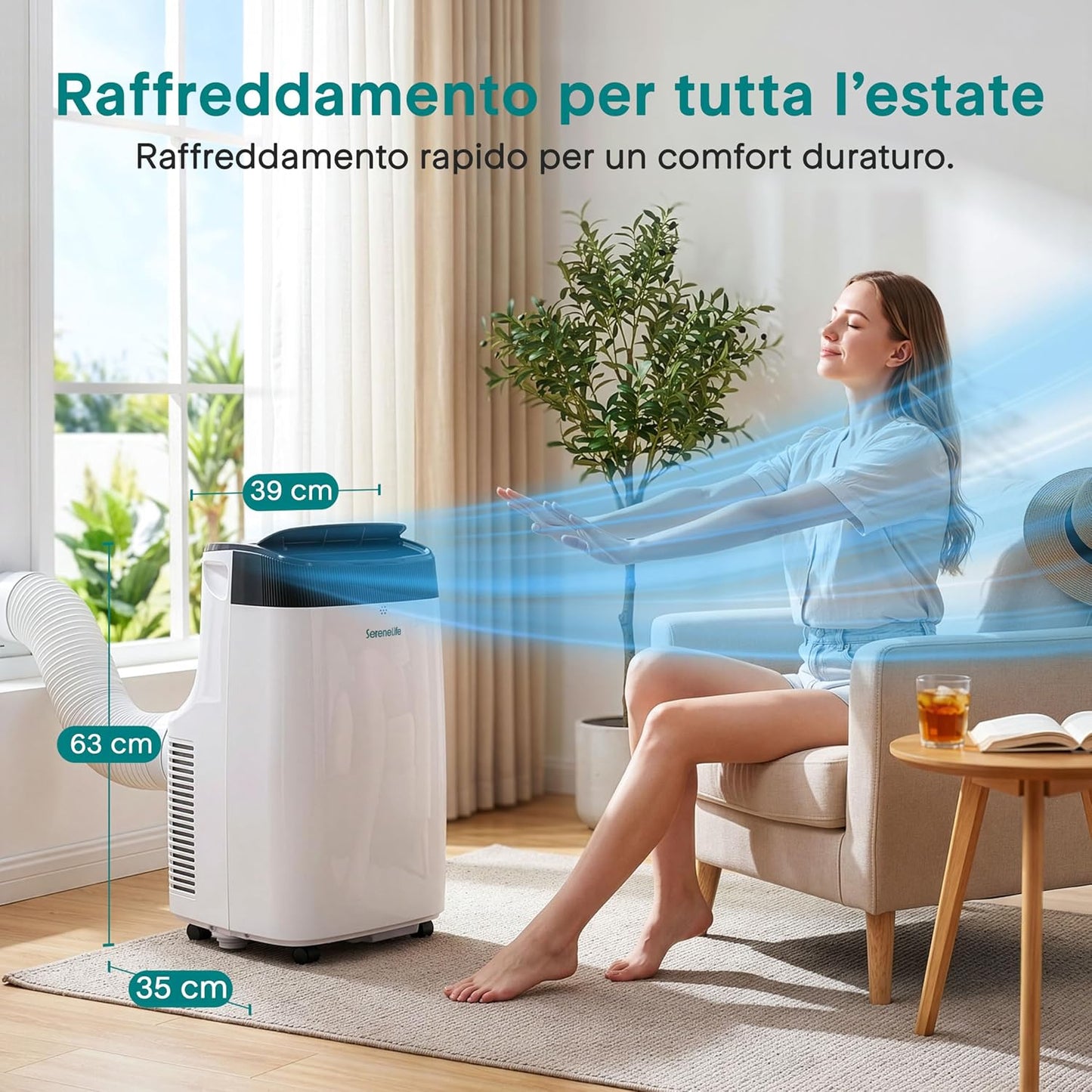 SereneLife Aire acondicionado portátil 3 en 1, deshumidificador integrado, ventilador, mando a distancia, kit de salida de ventana, 9,000 BTU, clase A