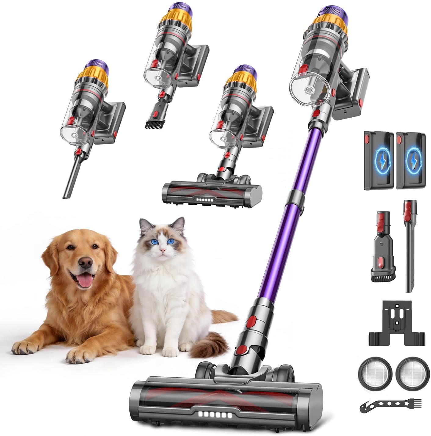 Aspiradora sin Cable para Pelo de Mascota,DyMona V17Max 2 Baterías 150Min Autonomía/58kPa/650W Succión Potente, Rodillo Antienredos, Autoportante, Ligero e Inalámbrico para Apartamento, Perros y Gatos