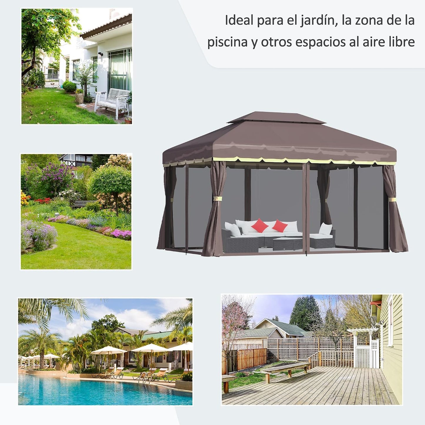 Outsunny Cenador de Jardín 4x3 m Gazebo de Aluminio con Techo de Ventilación 4 Cortinas Laterales 4 Mosquiteras y 8 Orificios de Drenaje para Fiestas Eventos Exterior Café