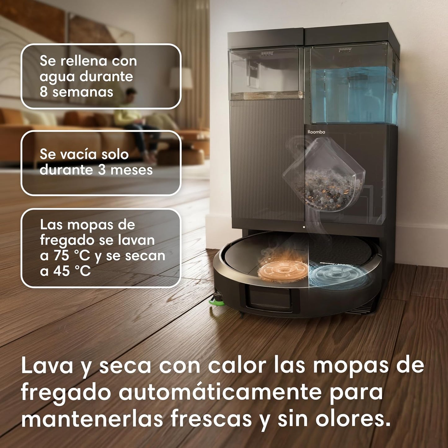 iRobot Roomba Plus 516 Combo Base AutoWash multifunción autolimpiable, 22KPa, Mopas DualClean Elevables y Extensible, Lava 75º, Seca 45º, Clearview LiDAR, Autonomía 90 Días, Accesorios Extra, Negro