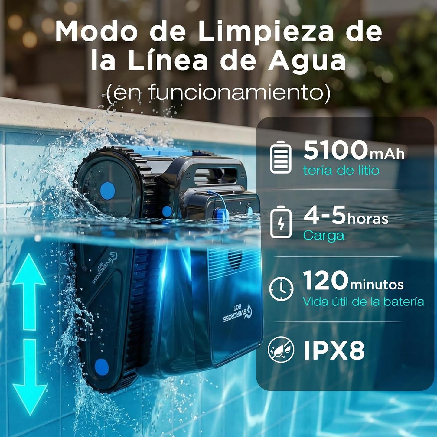 U8 Robot Piscina sin Cable con App, Limpia Fondo, Paredes y Línea de Agua, 120 Min Autonomía, 4 Motores, Navegación Inteligente, hasta 200 m²