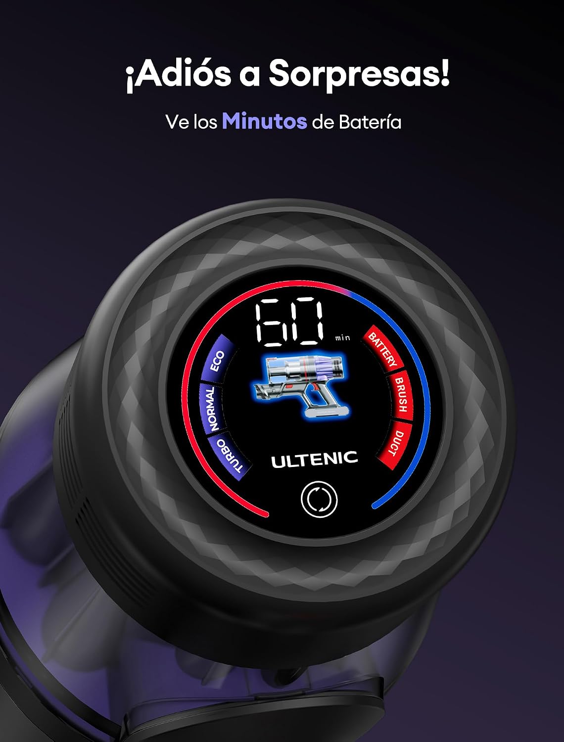 Ultenic Aspiradora sin Cable 55Kpa/60Min, Pantalla LED Muestra Batería Restante en Minutos, Escoba Aspiradora Antienredo con Tubo Articulado, Limpia el Fondo de los Muebles sin Agacharse
