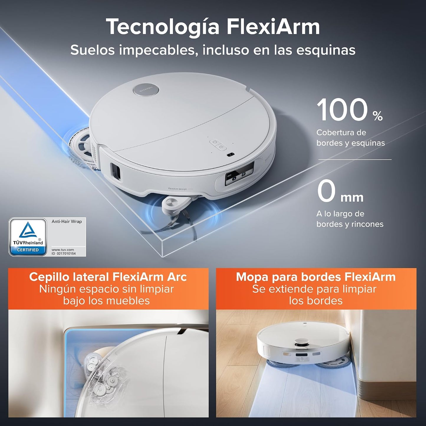 roborock Qrevo EdgeT Robot Aspirador con FlexiArm y Sistema Doble Desenredos, Succión 18500 Pa, 7,98 cm Ultrafino, Base Multifuncional 3.0 con Agua Caliente para Lavar Mopa, Controlado por App y Voz
