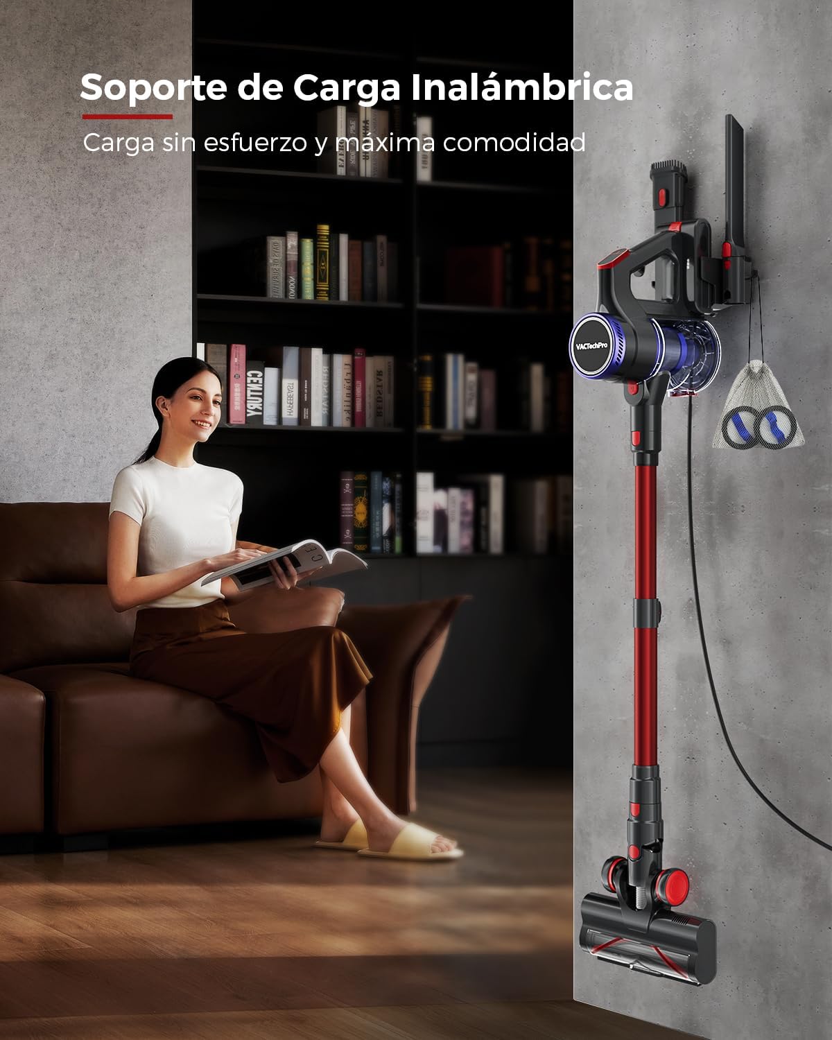 VACTechPro 55000Pa/600W/70Min Aspiradora sin Cable, 1.6L Escoba Aspirador sin Cable con Filtración de 8 Capas, Súper Silencioso Aspirador Vertical con Cepillo Antienredos, Aspiradora, Rojo Oscuro