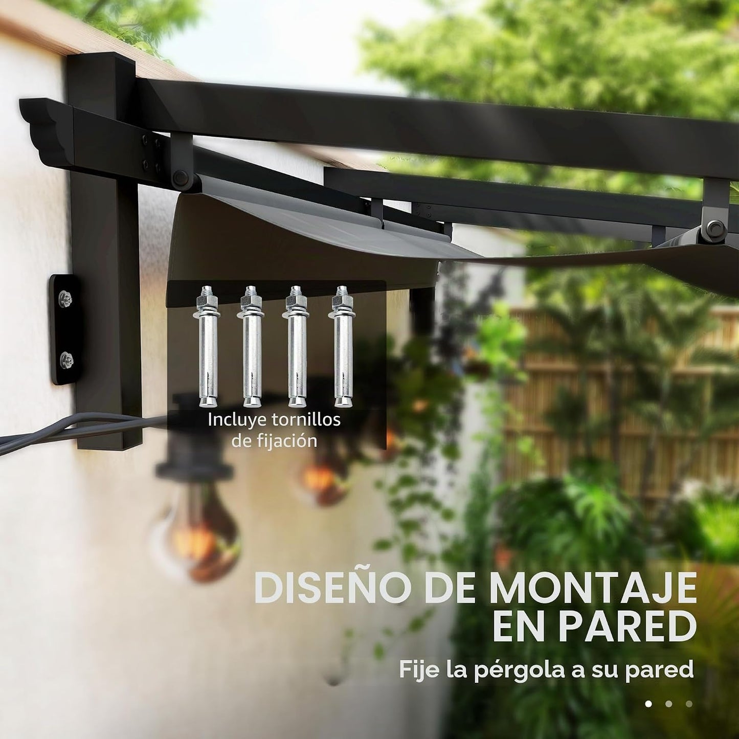 Outsunny pérgola con tejado Aprox. 3x3m para Patio y pabellón de jardín, aluminio, montado en la pared, protección solar ajustable