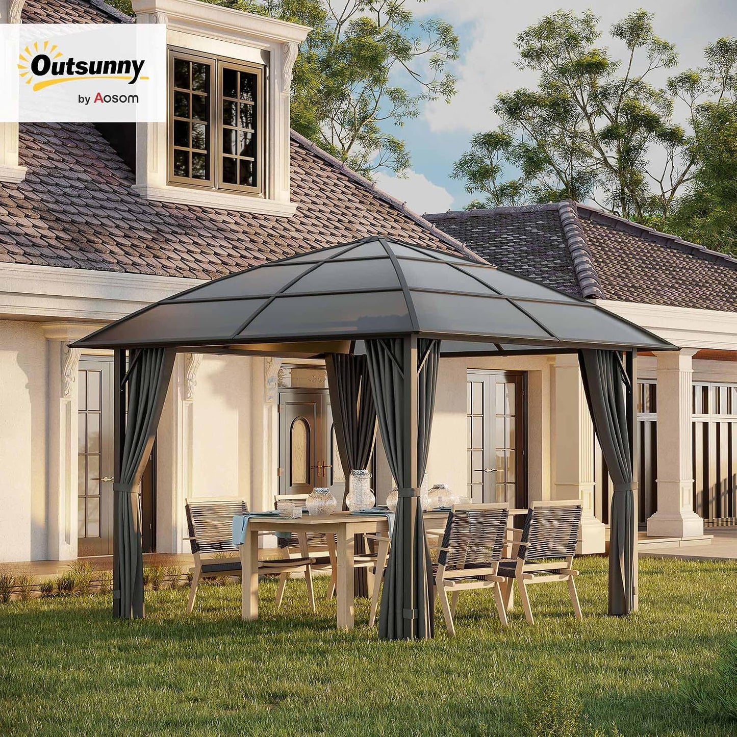 Outsunny Pérgola de Jardín Pabellón 3 x 3 m Estructura de Aluminio y Metal Techo de Policarbonato UV 60+ Impermeable con Paredes Laterales y Cortinas Deslizantes Gris Oscuro