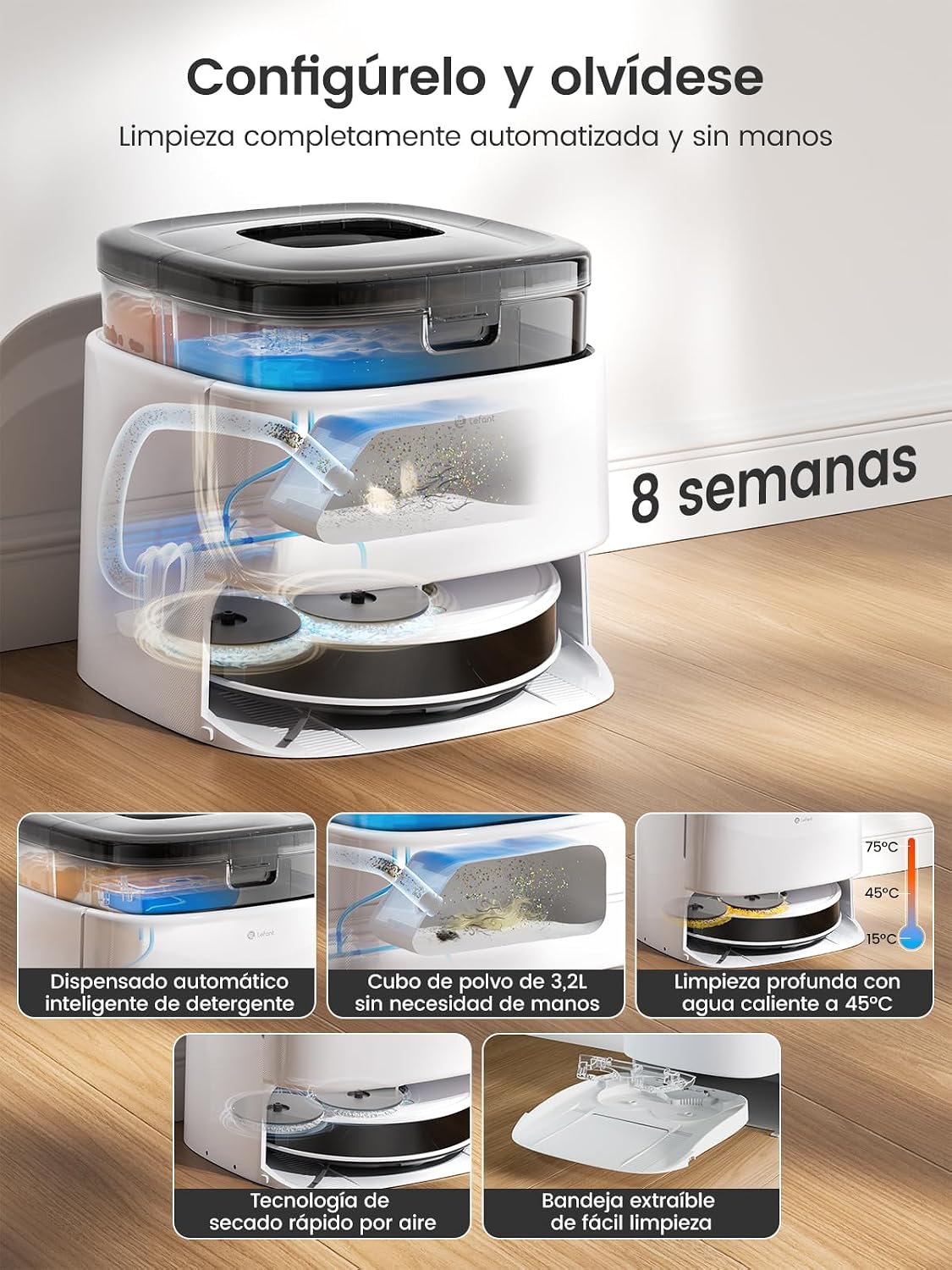 Lefant M3 Robot Aspirador y Fregasuelos, 12000Pa, 220min, Auto-Lavado/Secado, Vaciado Automático 3,2L, Fregona Dual Giratoria, Navegación dToF, para Mascotas, Cepillo Anti-Enredos, WiFi/App/Alexa