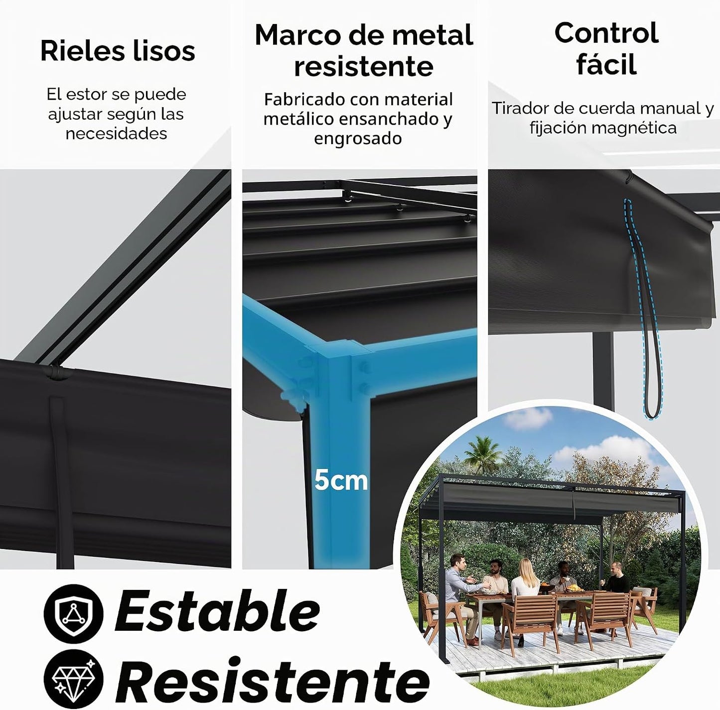 Pérgola de metal con techo solar, cenador estable de 3 x 4 m, para terraza, protección solar, para jardín, con columnas de metal robustas, para jardines, color negro