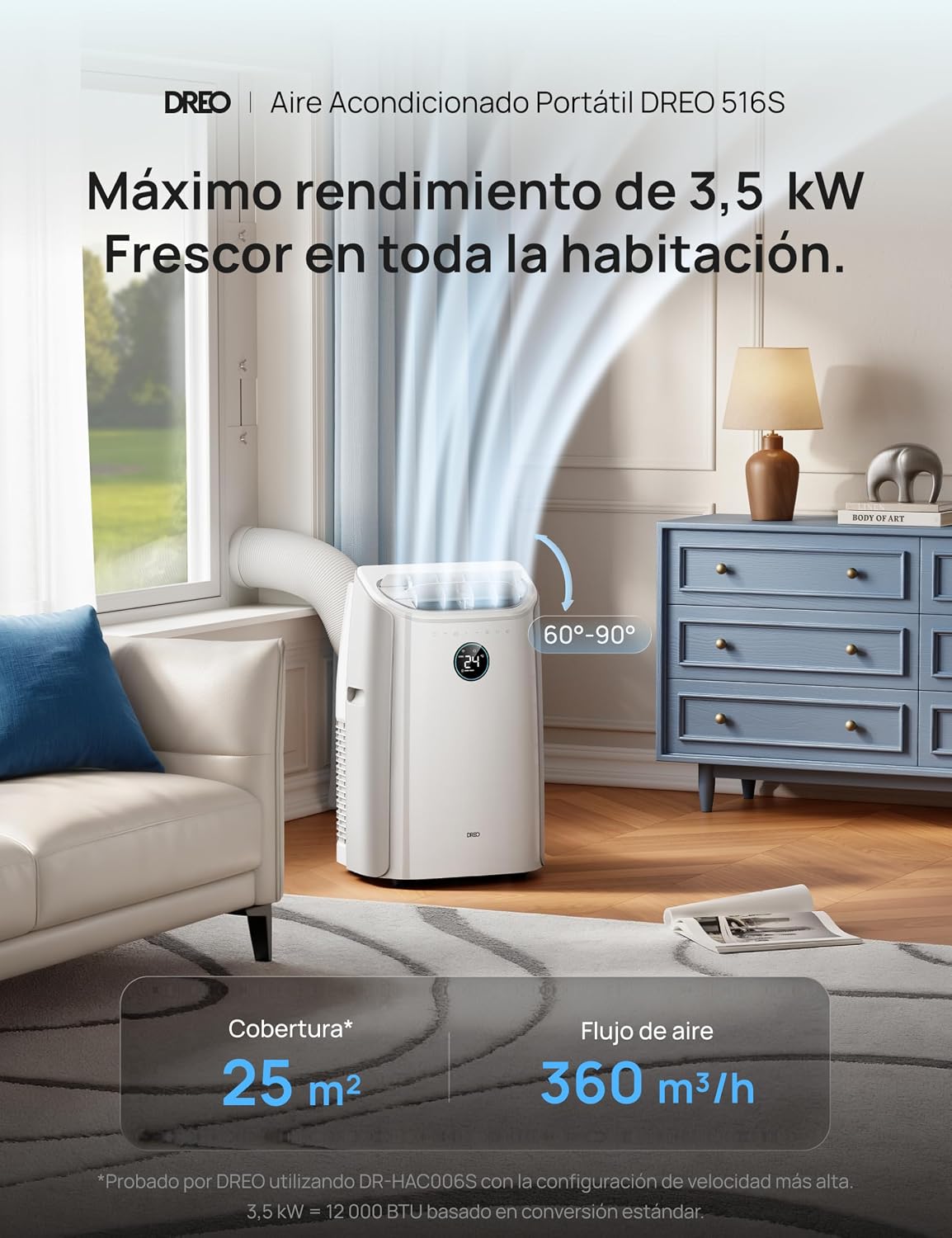 DREO aire acondicionado portátil 12000 BTU 3-en-1 refrigeración/ventilación/deshumidificación, silencioso para dormitorio u oficina, control por app y voz, sin drenaje, kit ventana, 3,2 L/h, AC516S
