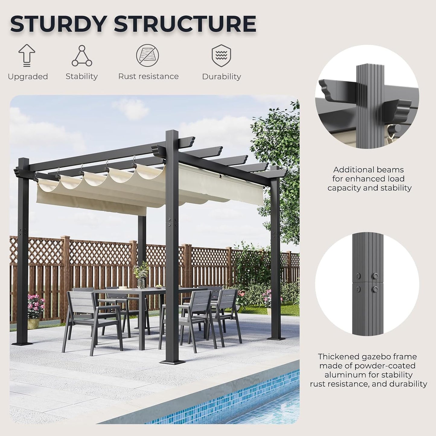 Devoko Pergola Bioclimatica 3x3m, Pergolas de Jardin, con Fijaciones Magnéticas y Zona de Sombra Ajustable, Cenador Pergolas de Aluminio, Adecuada para Escenarios como Jardines y Patios, Beige