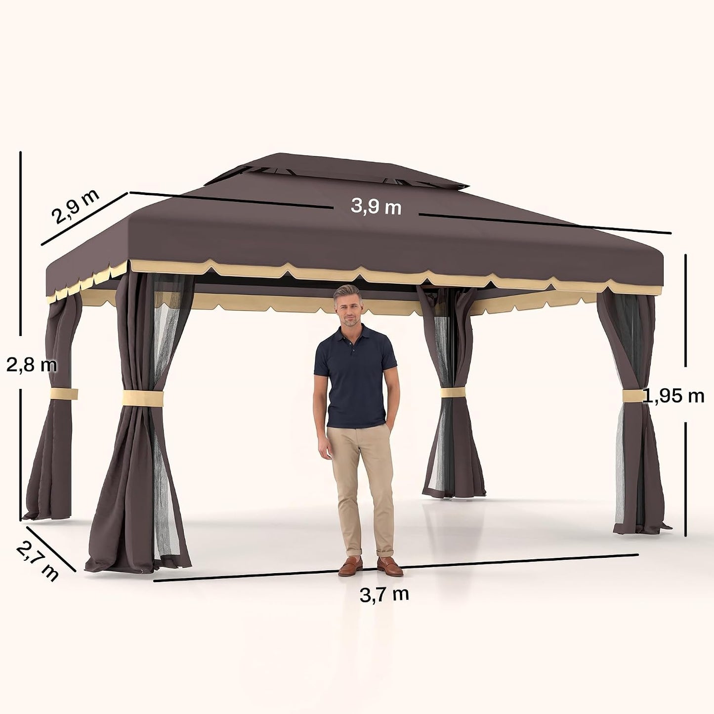 Outsunny Cenador de Jardín 4x3 m Gazebo de Aluminio con Techo de Ventilación 4 Cortinas Laterales 4 Mosquiteras y 8 Orificios de Drenaje para Fiestas Eventos Exterior Café