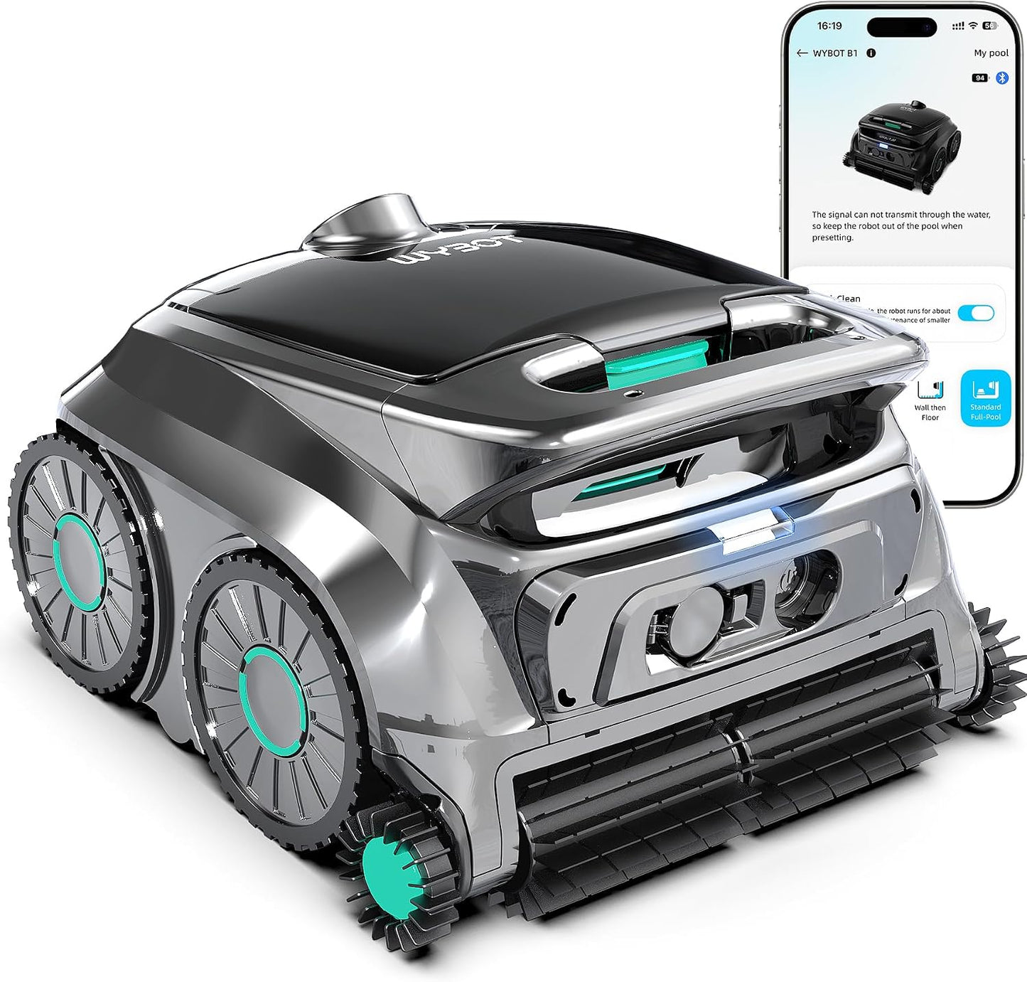 WYBOT OS600 Robot Piscina Limpiafondos, Inalámbrico, 120 Min Autonomía, Limpia Fondo Y Paredes, Navegación Inteligente, para Piscinas Enterradas Y sobre Suelo,Verde Claro Brumoso