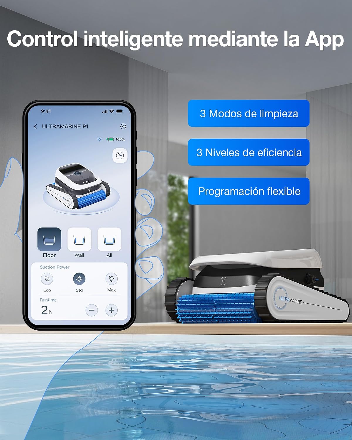ECOVACS Ultramarine P1 Robot Piscina, Batería de 180min, hasta 180m², Succión UltraPure de 4800 GPH, Control por App., Filtro de Doble Capa, Navegación SmartNavi