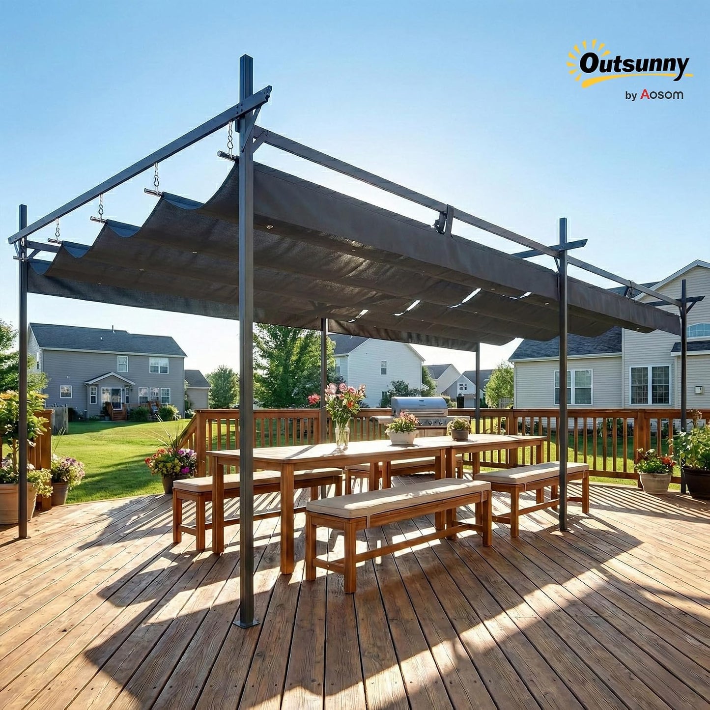 Outsunny Pérgola de Jardín 6x3 m con Techo Retráctil, Cenador de Jardín con UPF30+, Estructura Metálica, Tela de Poliéster, Pabellón para Exterior, Terraza, Gris Oscuro