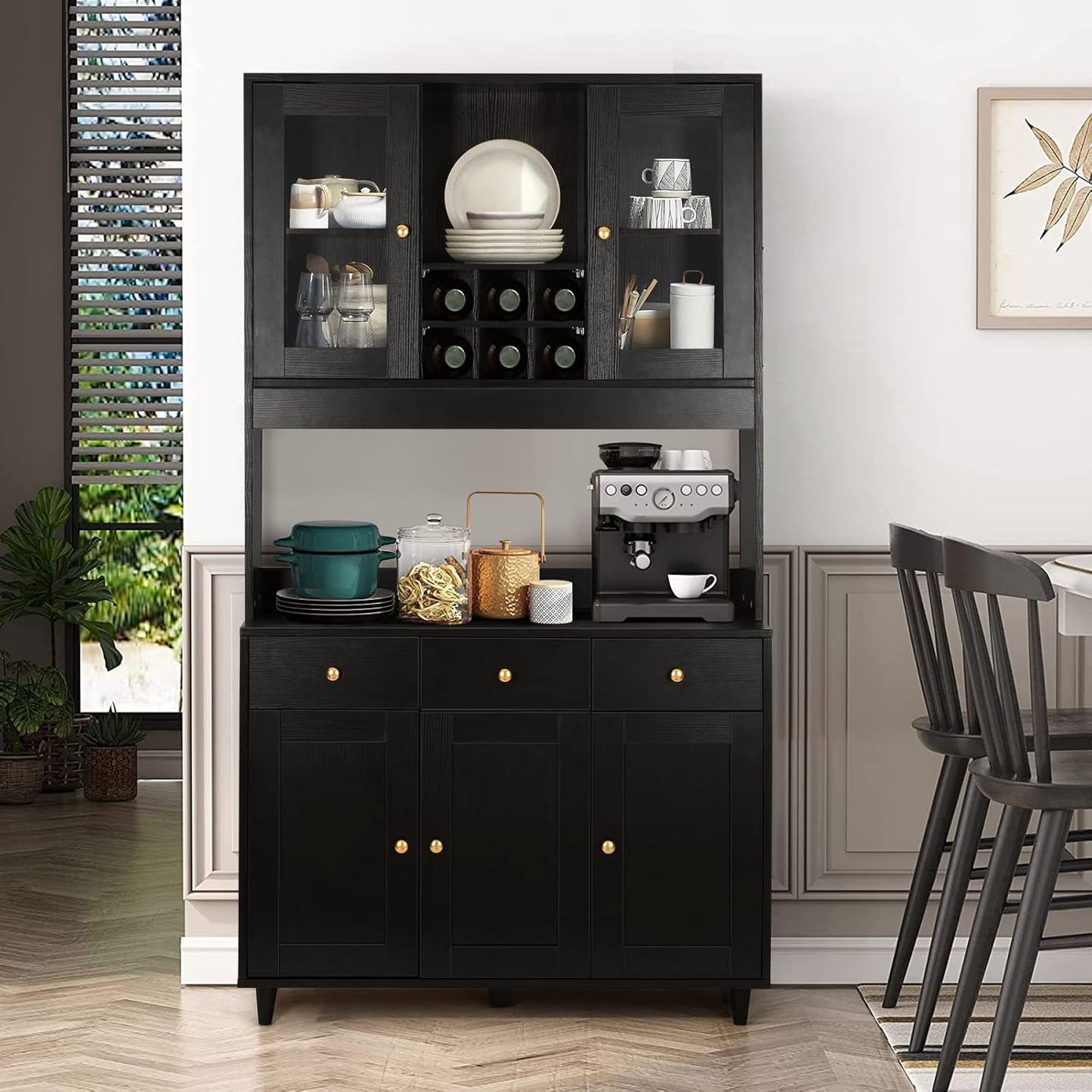 VOWNER Armario Aparador Cocina/Buffet, 100L x 38W x 181H cm, Mueble Auxiliar de Almacenaje, 5 Puertas y 5 Baldas Ajustables, Blanco