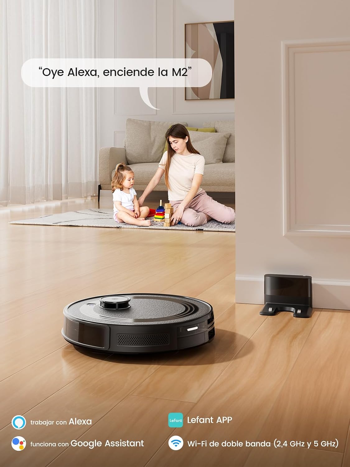 Lefant M2 Robot Aspirador y Fregasuelos 2 en 1, 160min Automático, 6000Pa, Navegación Láser, Evitación PSD, Limpieza Personalizada, Ideal para Limpiar Pelo de Mascotas y Suelos Duros, Negro