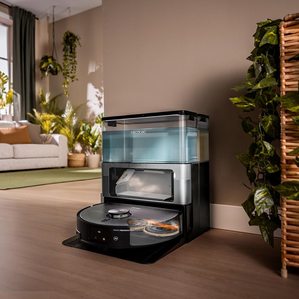 Cecotec Robot Aspirador con Base Autovaciado e IA Conga X100. Láser e Inteligencia Artificial con Cámara, Motor Succión 20000Pa, Mopas Giratorias Elevables, Cepillo Lateral y Mopa Derecha Extensibles