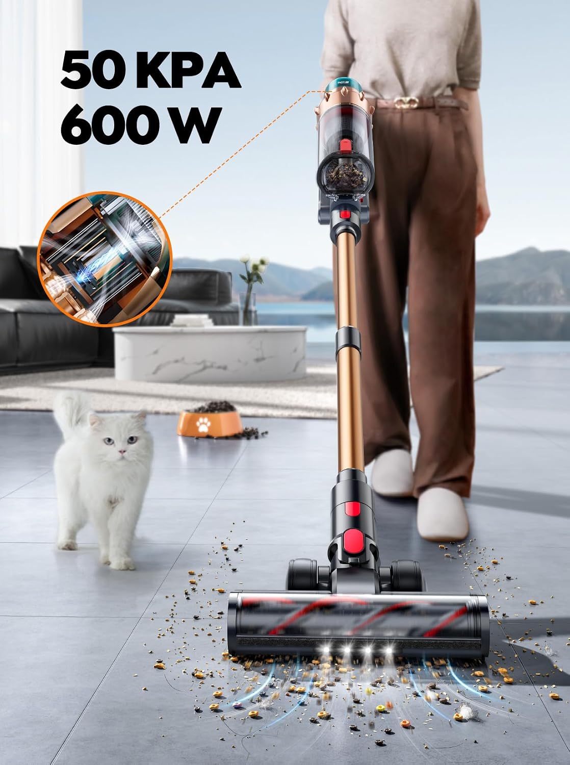 Aspiradora sin Cable 50KPa/600W/65Min(ECO), Aspiradora Escoba Vertical Potente con Cepillo para Colchón, Manguera 1M, Cepillo Anti-Enredo con Luz, Modo Automático, Carga Pared, Coche/Suelos/Alfombras