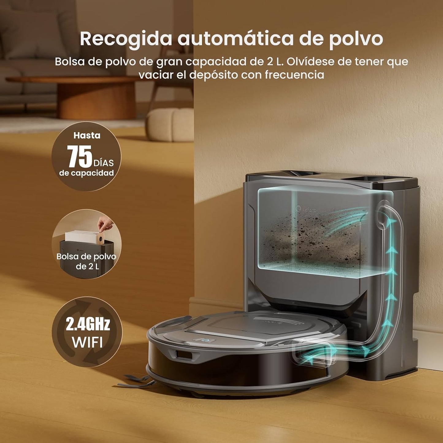 Lefant M210 Plus Robot Aspirador y Fregasuelos, Autovaciado 75 Días, 6000Pa Succión, 150min, Mapeo Láser ToF, Obstáculos 190° PSD, Detecta Alfombras, Gris
