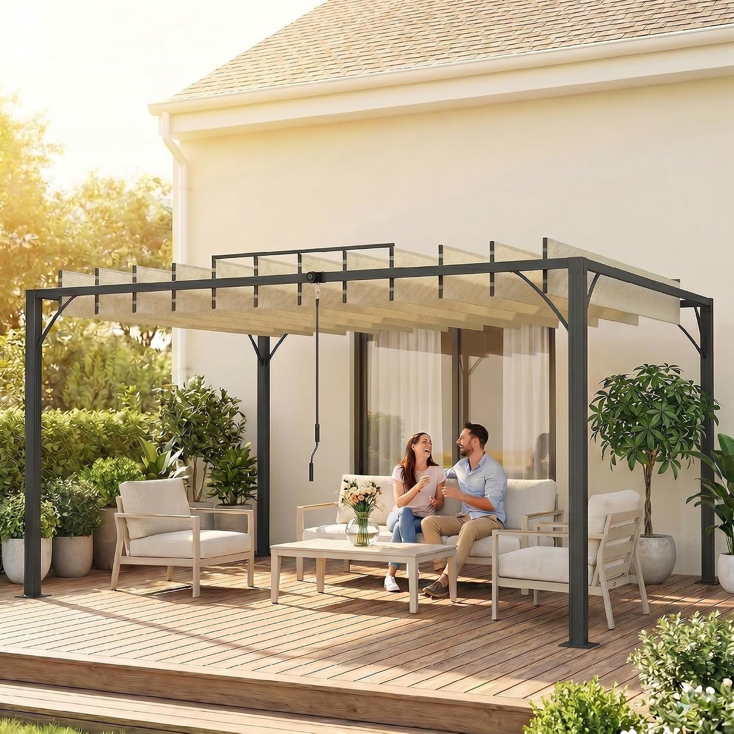 Outsunny Pérgola de Jardín 3x4 m, Cenador de Jardín con Techo de Lamas Orientables a 135°, Columna de Aluminio, Vigas de Hierro, Protección UPF30+, Pabellón para Exterior, Patio, Terraza, Blanco Crema